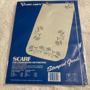 VTG VOGART CRAFTS Stamped Cross Stitch Flowers Scarf Embroidery /Painting 14x37"
